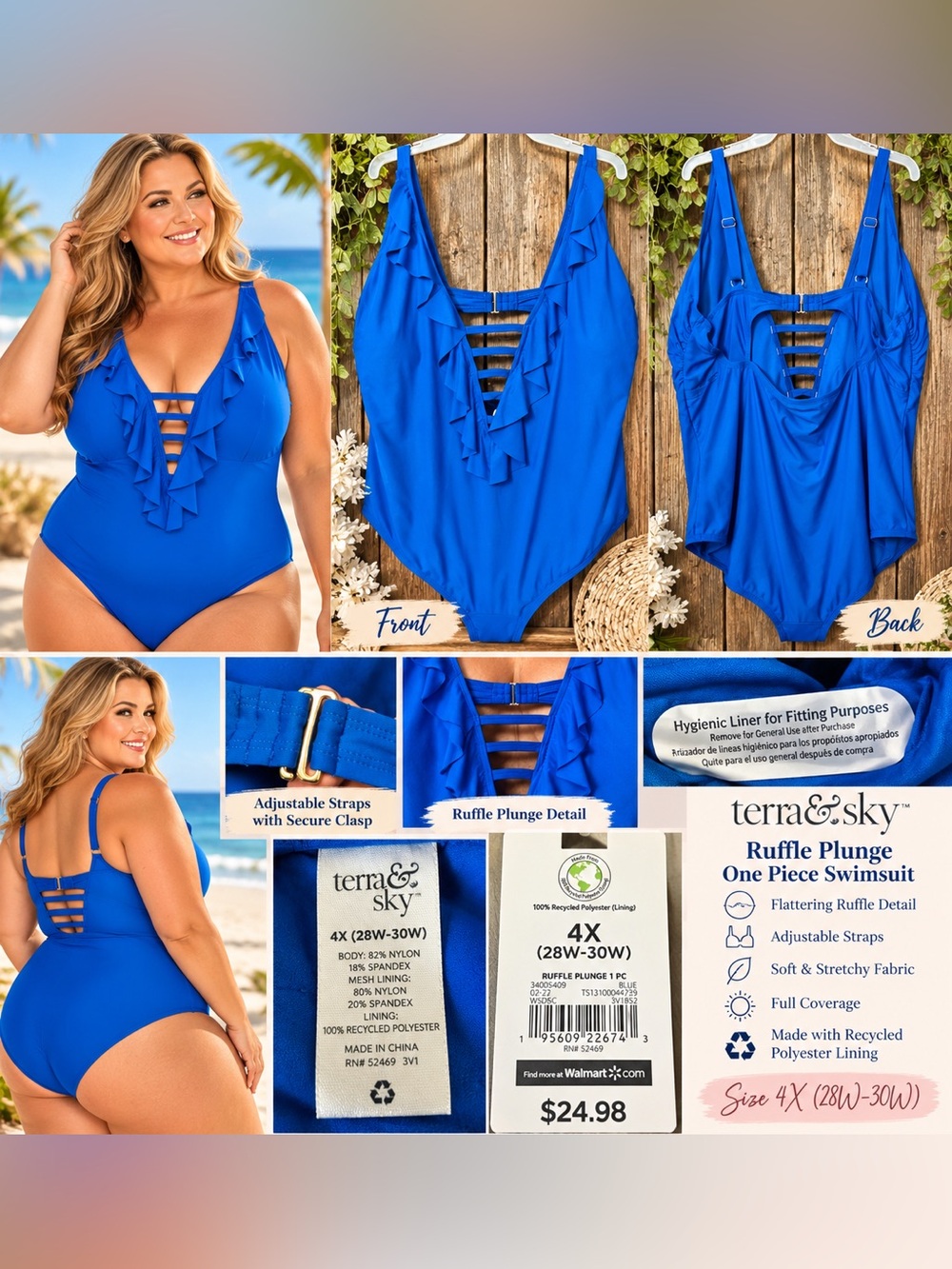 Terra & Sky Plus Size Blue Ruffle Plunge One-Piece Swimsuit
